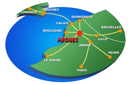 carte montrant que Arques est situé au centre de beaucoup de grande villes comme Londres, Bruxelle ou encore Amiens
